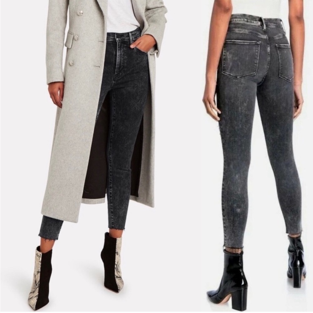 FRAME ALI High Rise Cigarette Skinny
Jeans Rockstar Gray Acid Wash Raw Hem
